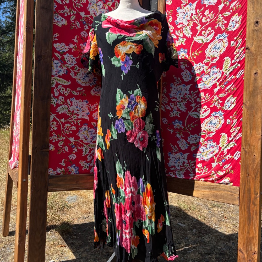 Vintage 2000's Black Floral Whimsigoth Cowl Neck Split Sleeve Sequin Maxi Dress